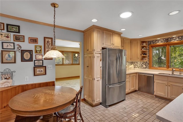 kitchen featuring stainless steel appliances, light countertops, open shelves, a sink, and tasteful backsplash