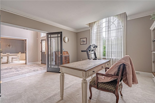 office space featuring crown molding, light colored carpet, baseboards, and french doors