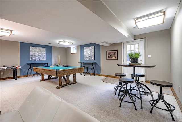 game room with carpet, baseboards, pool table, and plenty of natural light