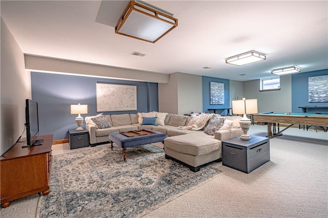 living room with carpet flooring and billiards