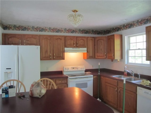 104MAPLEWOODAVE Maplewood Ave, Carmichaels/Cumblnd, PA 15320 - kitchen featuring white appliances, under cabinet range hood, a sink, dark countertops, and brown cabinetry