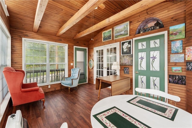 office space with french doors, wood ceiling, wood walls, and wood finished floors