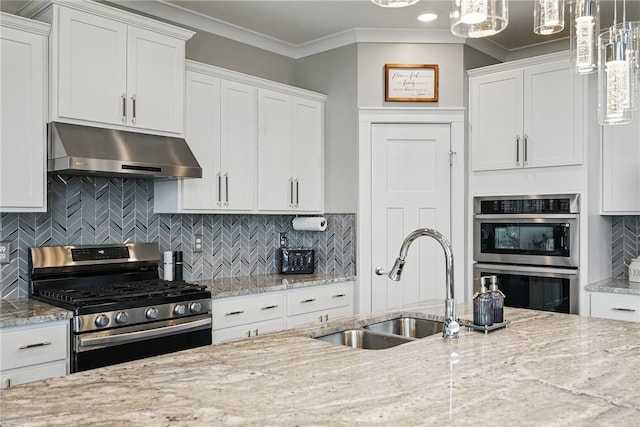 kitchen with appliances with stainless steel finishes, under cabinet range hood, a sink, crown molding, and white cabinetry
