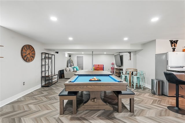 playroom featuring billiards, recessed lighting, and baseboards
