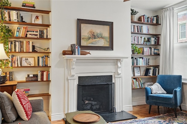 living area with wood finished floors and a fireplace with raised hearth