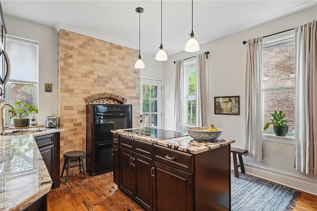 kitchen featuring a sink, dark wood finished floors, black appliances, and healthy amount of natural light