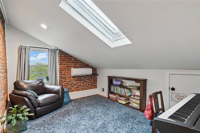 living area featuring an AC wall unit, lofted ceiling, a skylight, brick wall, and baseboards