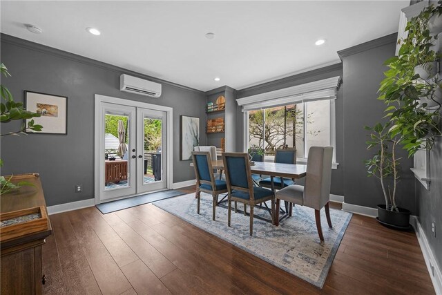 dining space featuring french doors, crown molding, baseboards, wood-type flooring, and recessed lighting
