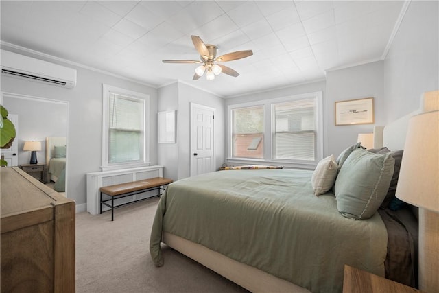 carpeted bedroom featuring a wall mounted air conditioner, ornamental molding, ceiling fan, and radiator heating unit