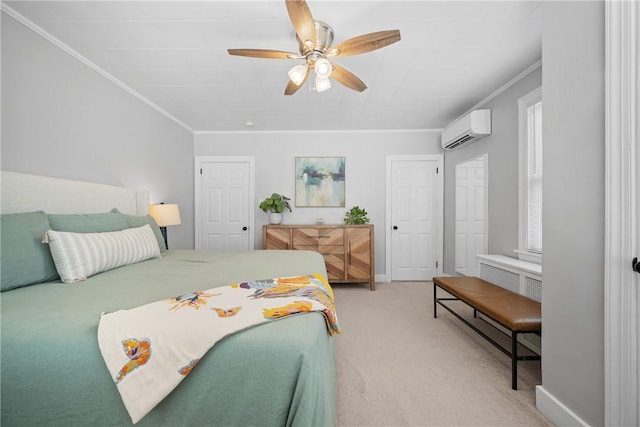 bedroom with an AC wall unit, light colored carpet, crown molding, a ceiling fan, and baseboards