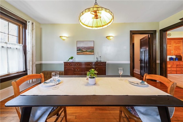 dining room with wood finished floors, radiator, and baseboards