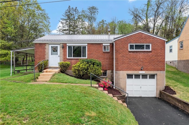 ranch-style house featuring a garage, brick siding, asphalt driveway, and a front yard