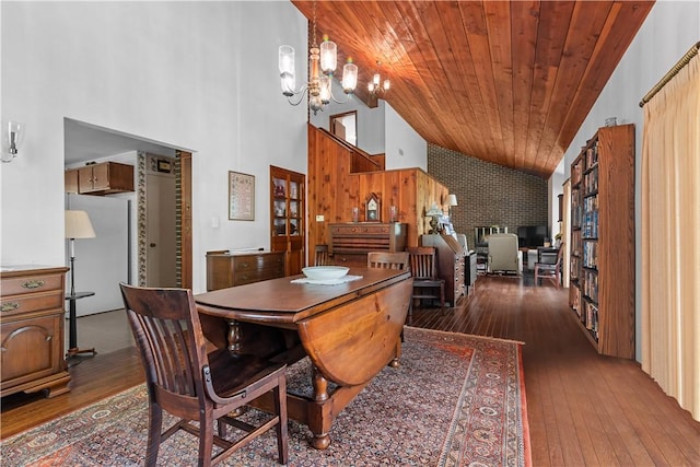 108 Crestview Dr, Evans City Boro, PA 16033 - dining room featuring hardwood / wood-style flooring, high vaulted ceiling, a chandelier, and wooden ceiling