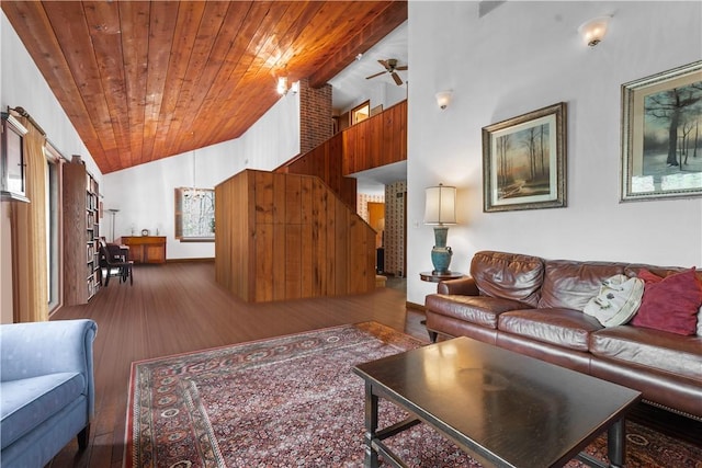 108 Crestview Dr, Evans City Boro, PA 16033 - living room with wood finished floors, wooden ceiling, ceiling fan, and high vaulted ceiling