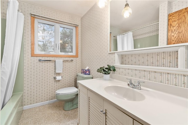 108 Crestview Dr, Evans City Boro, PA 16033 - full bathroom featuring wallpapered walls, toilet, baseboards, vanity, and shower / tub combo