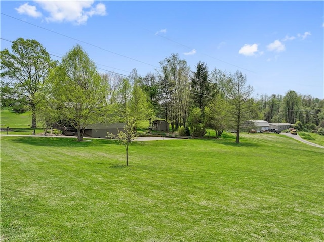 view of community featuring view of wooded area and a yard