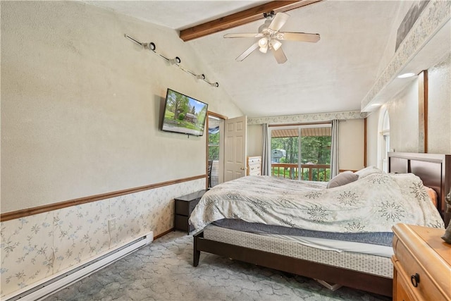 bedroom featuring a baseboard heating unit, access to outside, ceiling fan, wallpapered walls, and carpet