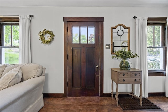 foyer entrance featuring baseboards, healthy amount of natural light, and dark wood-type flooring