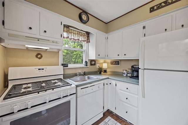 kitchen with white appliances, a sink, under cabinet range hood, and white cabinets