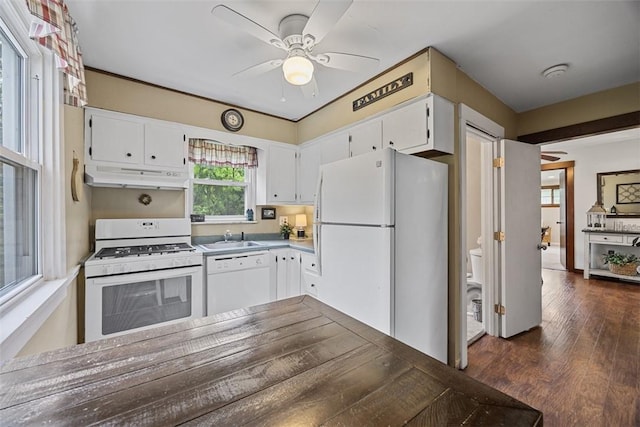 kitchen featuring white appliances, a ceiling fan, under cabinet range hood, and white cabinetry