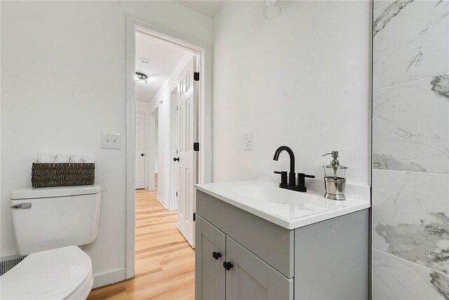 bathroom featuring vanity, wood finished floors, and toilet