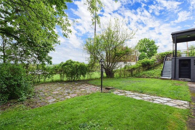 view of yard featuring stairs and a patio area