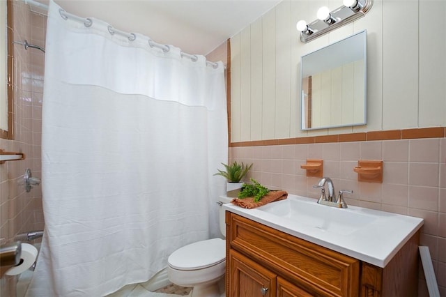1104 Bennett Ave, Jeannette, PA 15644 - bathroom featuring toilet, tile walls, a shower with curtain, and vanity