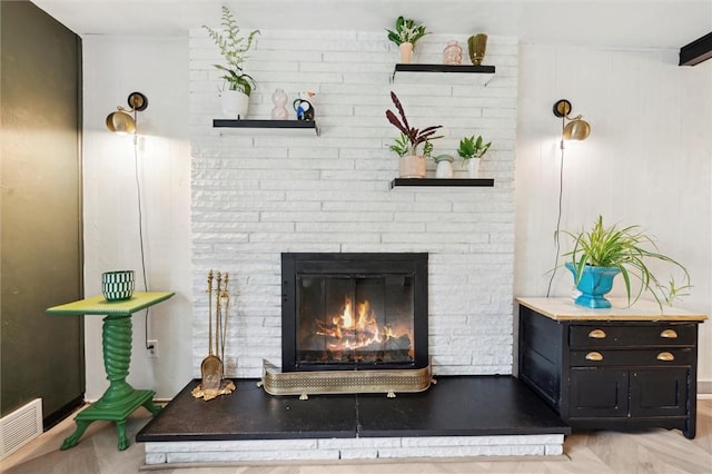 detailed view of a brick fireplace