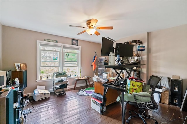 office area with ceiling fan and hardwood / wood-style floors