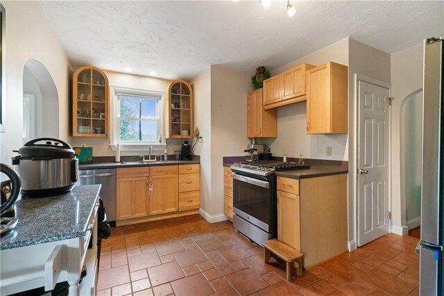 534 Freeport Rd, South Buffalo Twp, PA 16229 - kitchen featuring appliances with stainless steel finishes, light brown cabinetry, dark countertops, glass insert cabinets, and a sink