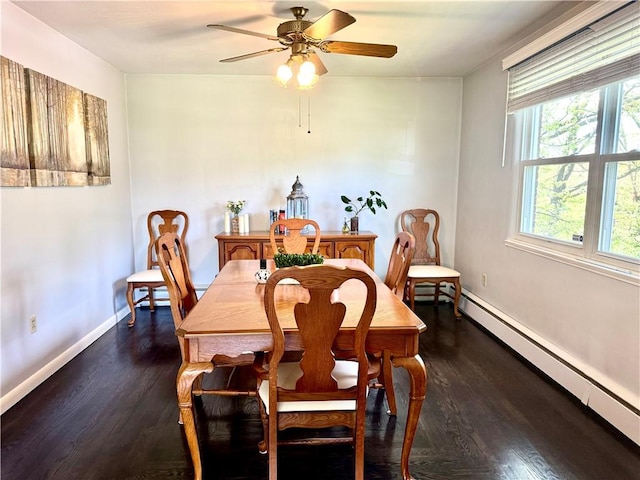 112 Dolphin Dr, Twp Of But Se, PA 16002 - dining space with a baseboard radiator, dark wood-type flooring, baseboards, and a ceiling fan