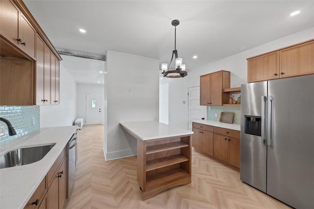 kitchen featuring open shelves, appliances with stainless steel finishes, a sink, backsplash, and recessed lighting