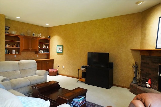 106 Arbor Trl, Slippery Rock Boro, PA 16057 - living area featuring light carpet, baseboards, and a brick fireplace