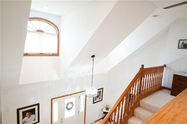 106 Arbor Trl, Slippery Rock Boro, PA 16057 - stairway with a chandelier, a high ceiling, recessed lighting, and baseboards