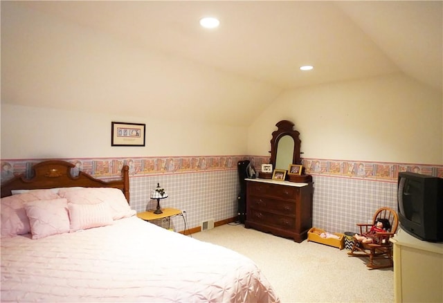 106 Arbor Trl, Slippery Rock Boro, PA 16057 - carpeted bedroom featuring lofted ceiling, a wainscoted wall, and recessed lighting