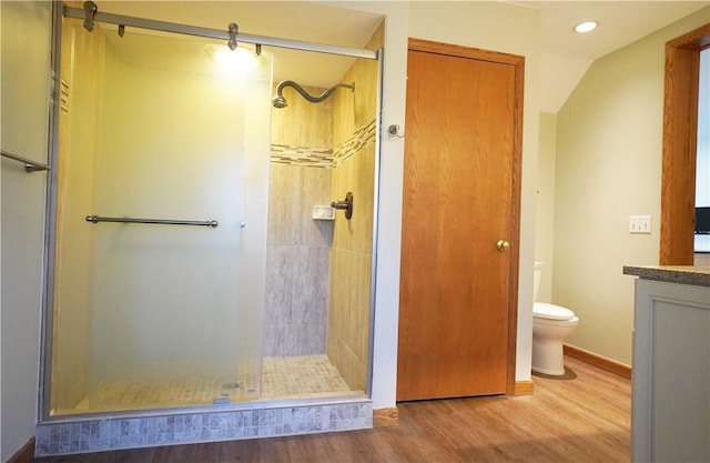 106 Arbor Trl, Slippery Rock Boro, PA 16057 - full bathroom with a stall shower, wood finished floors, vanity, toilet, and recessed lighting