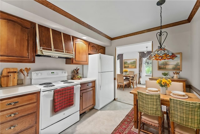 kitchen with white appliances, crown molding, light countertops, brown cabinetry, and decorative light fixtures