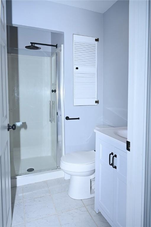full bath featuring a stall shower, toilet, and vanity