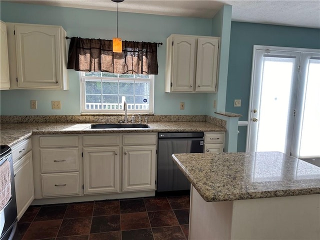 kitchen with dishwasher, a sink, white cabinetry, electric range oven, and light stone countertops