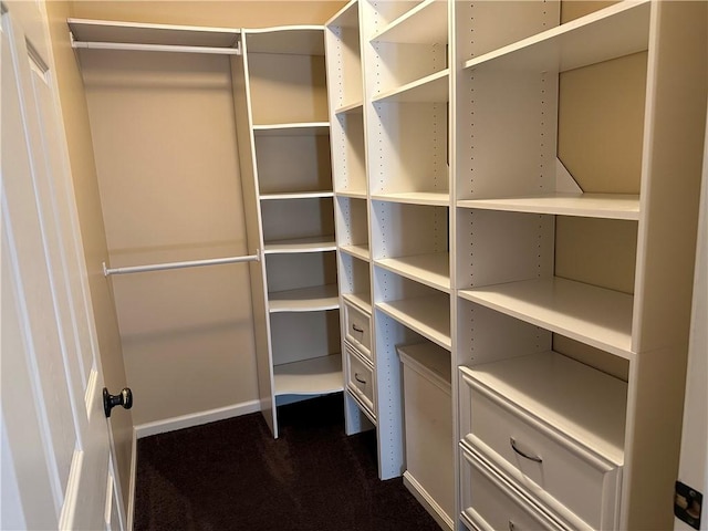 spacious closet featuring dark carpet