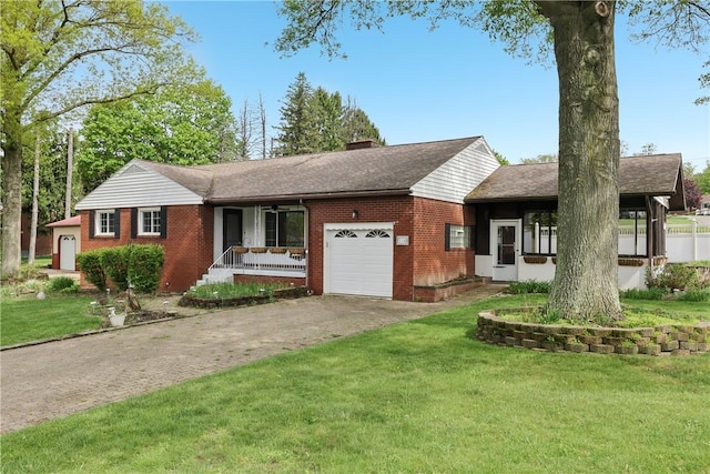 ranch-style house with covered porch, a garage, brick siding, driveway, and a front lawn