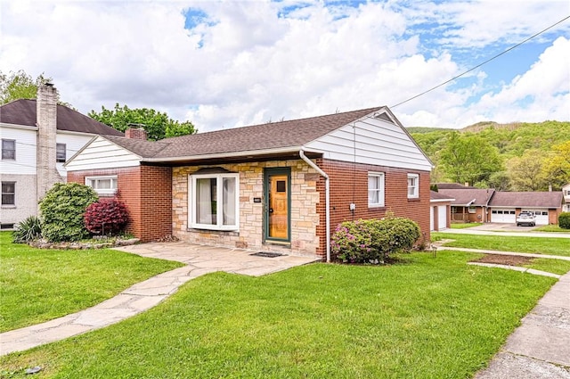 642 Washington St, Fairfield Twp, PA 15923 - view of front facade featuring a front yard, stone siding, a chimney, a garage, and a shingled roof