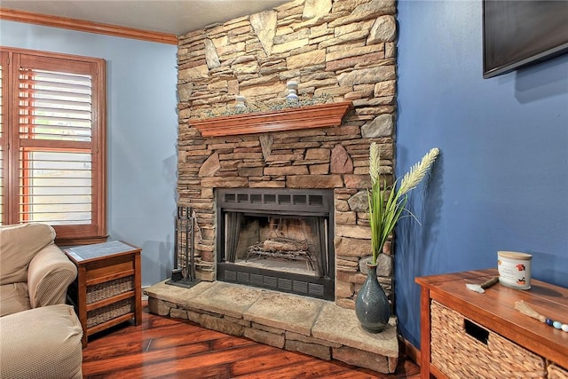 1057 Finchley Rd, North Huntingdon, PA 15642 - detailed view of wood finished floors, a fireplace, and crown molding