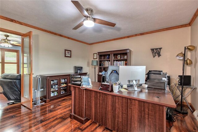 1057 Finchley Rd, North Huntingdon, PA 15642 - office area featuring ceiling fan, wood finished floors, ornamental molding, and baseboards