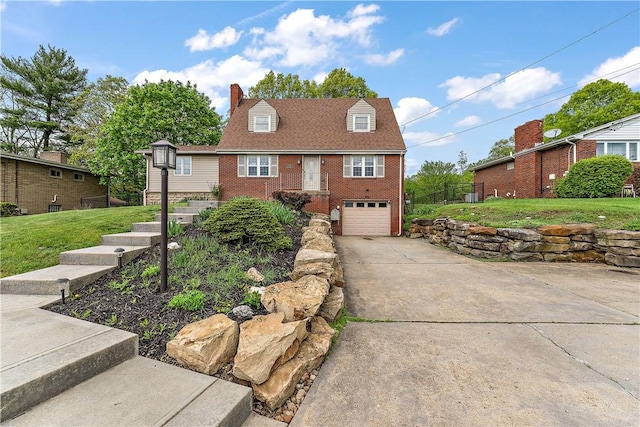 cape cod home featuring driveway, brick siding, a chimney, and an attached garage