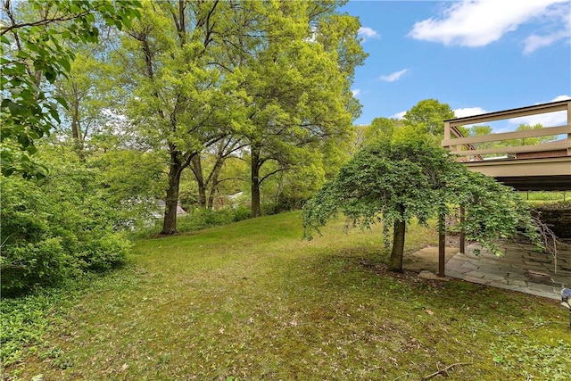 view of green lawn with a wooden deck