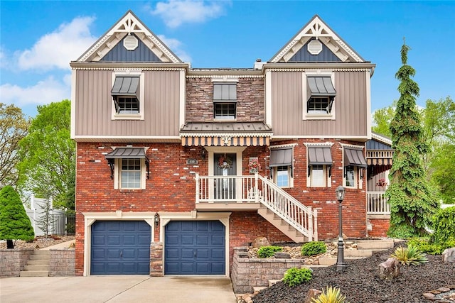view of front of property featuring concrete driveway, a garage, and brick siding