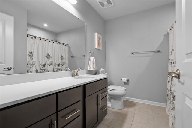 full bathroom with baseboards, toilet, vanity, tile patterned flooring, and recessed lighting