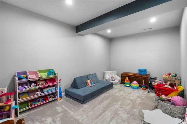 recreation room featuring carpet and recessed lighting