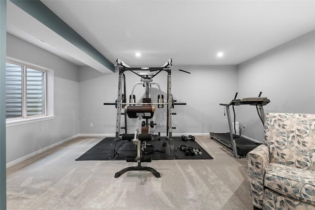 workout area with baseboards, recessed lighting, and carpet